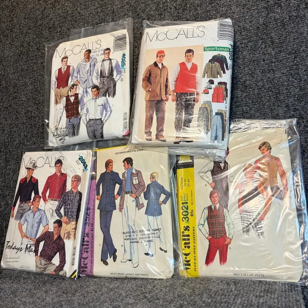 Lot 5 Vintage 70s 80s McCalls Sewing Patterns Mens Clothing Shirts Vests Pants